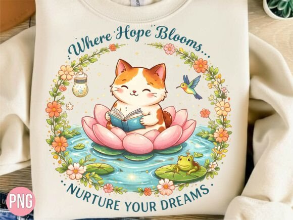 Cat Reading in Lotus Garden PNG