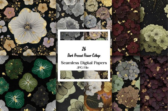Dark Pressed Flower Collage Papers: Elevating Design with Moody Botanical Elegance