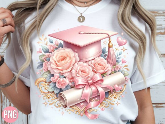 Pink Rose Graduation Cap Scroll PNG
